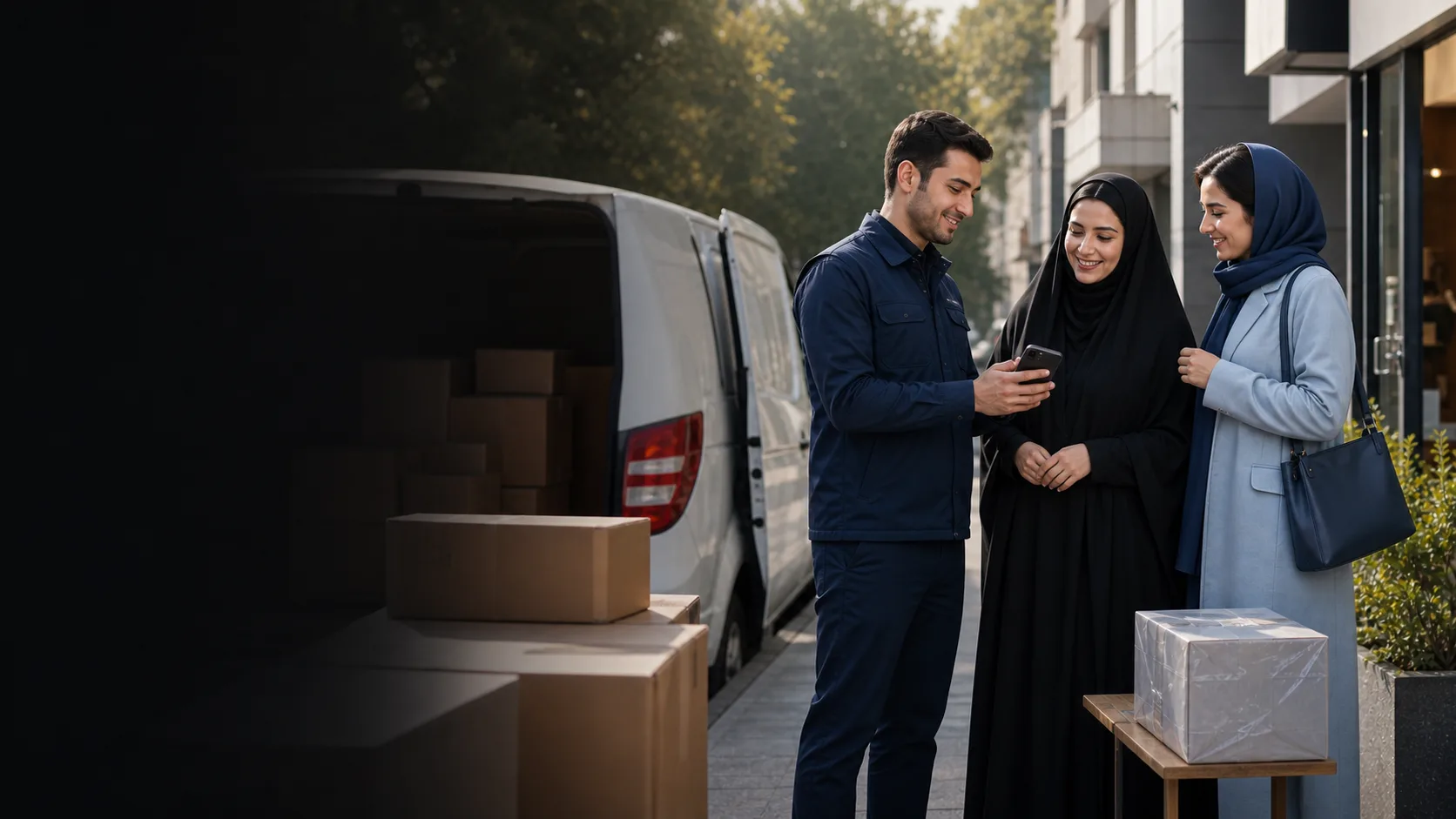 مأمور جوان تحویل کنار خودروی توزیع، نتیجه تحویل جزئی را با دو مدیر زن ایرانی، یکی چادری و دیگری مانتویی، روی تلفن ثبت و بررسی میکند