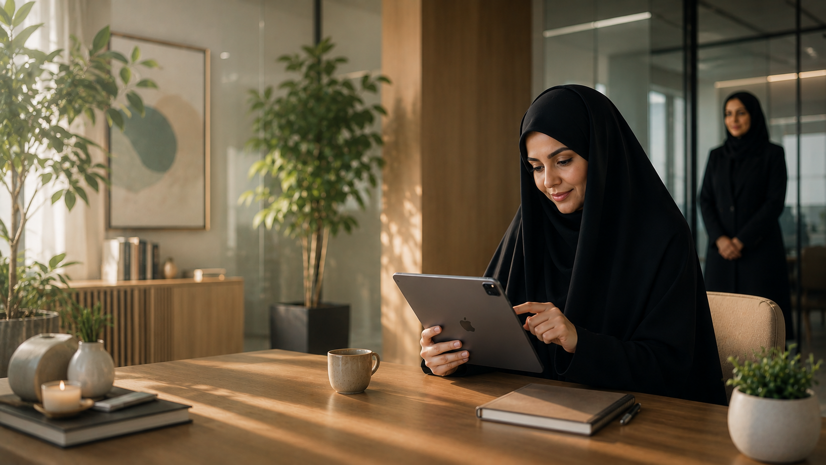 مشتری زن ایرانی در حال مدیریت تنظیمات حریم خصوصی حساب خود روی تبلت در فضای مشاوره خصوصی