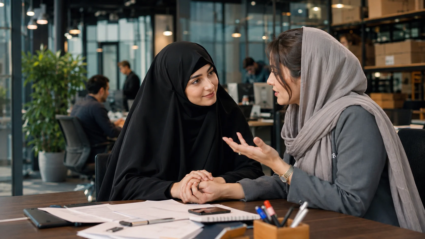 نماینده زن فهمیدی با چادر مشکی در حال گفت‌وگوی آرام و همدلانه با مشتری زن در محیط کسب‌وکار