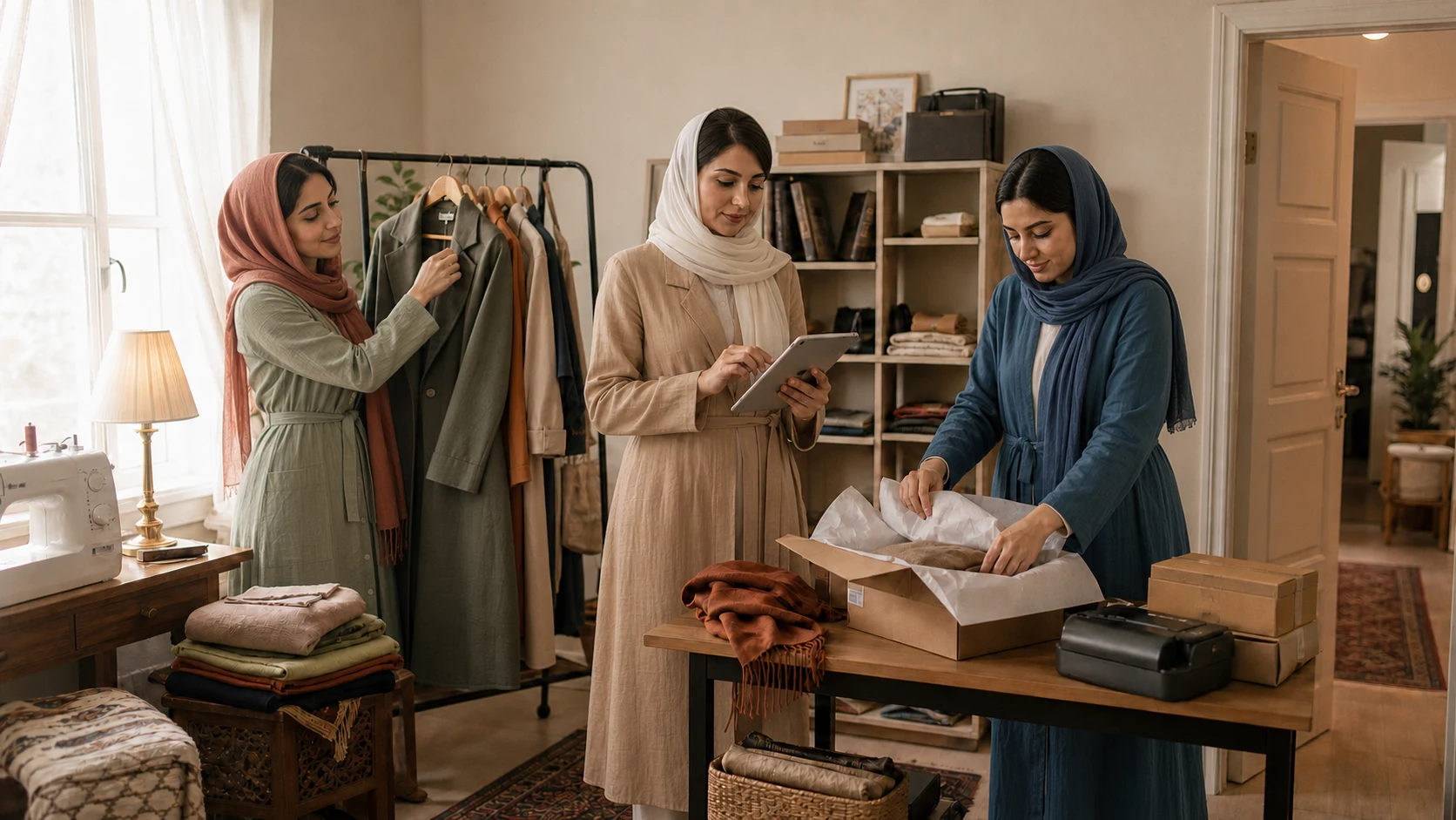 سه زن کارآفرین در اتاق کار خانگی، سفارش پوشاک را از بررسی موجودی تا بسته‌بندی برای ارسال پیش می‌برند